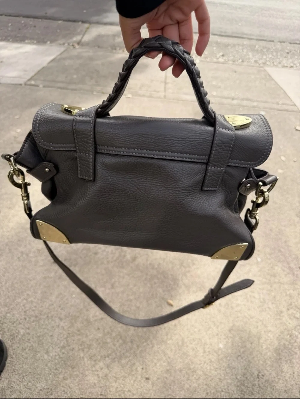 Mulberry Gray Braided-Handle Leather Satchel with Gold Hardware